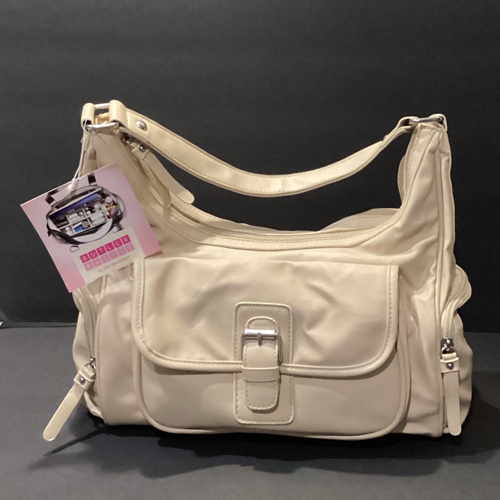 Vintage Butler Basics Cream Shoulder Bag with Front Buckle Pocket and Top Strap
